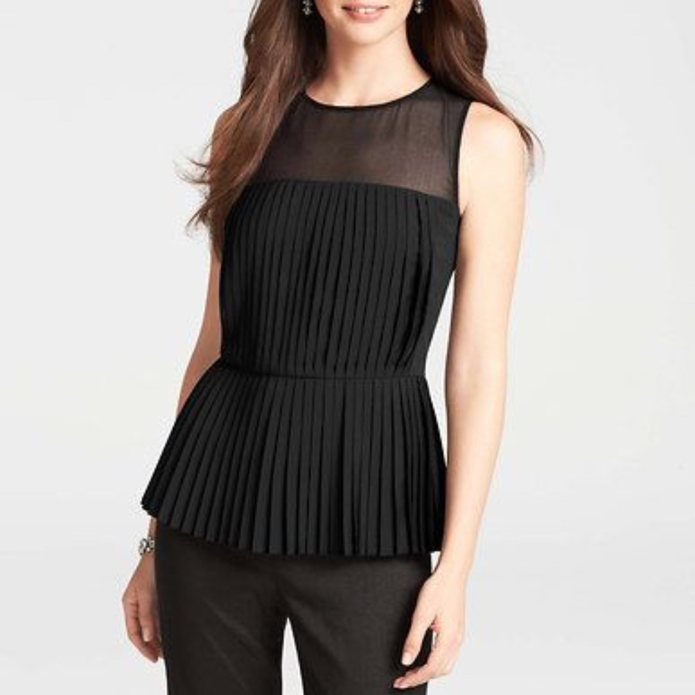 Ann Taylor Black Pleated Peplum Bouse